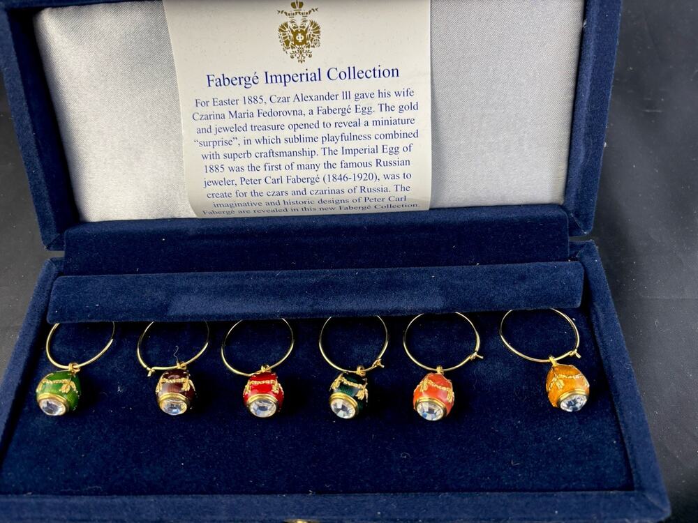 Faberge Egg Wine Glass Charms, Multi-Color: Set of 6 in Velvet Case. Never Used.